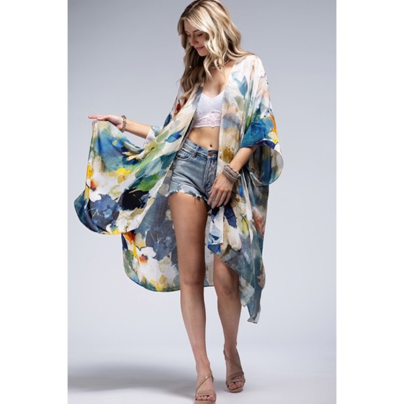 Monica Floral Watercolor Spring Summer Open Wrap Women's Casual One Size Kimono - Picture 2 of 6